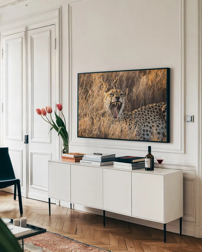 Big Yawn II by Max Blakesberg Studios. shown as a framed stretched canvas in a living room above a console. Available as a archival giclee rolled canvas, fine art paper, or poster print. SKU 93613i.