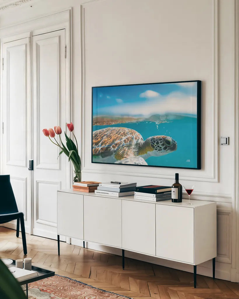 Blowing Bubbles by Max Blakesberg Studios. shown as a framed stretched canvas in a living room above a console. Available as a archival giclee rolled canvas, fine art paper, or poster print. SKU 92805i.