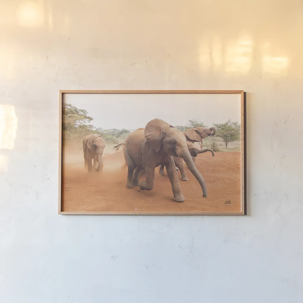 Elephant Race by Max Blakesberg Studios. shown as a paper print in a natural frame. Available as a archival giclee rolled canvas, fine art paper, or poster print. SKU 93614i.
