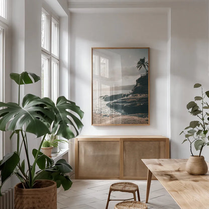 Happy in Hawaii by Max Blakesberg Studios. shown as a print in a natural wood frame in a dining room. Available as a archival giclee rolled canvas, fine art paper, or poster print. SKU 95340h.