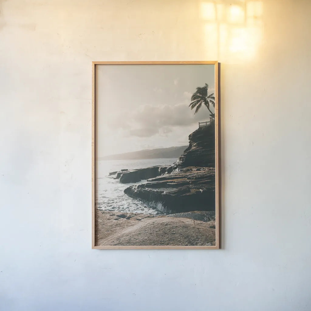 Happy in Hawaii by Max Blakesberg Studios. shown as a paper print in a natural frame. Available as a archival giclee rolled canvas, fine art paper, or poster print. SKU 95340h.