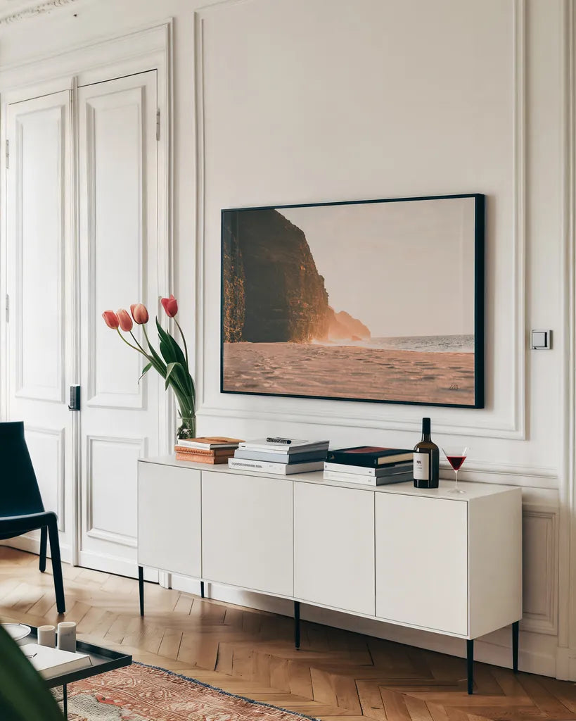 Hawaiian Glow by Max Blakesberg Studios. shown as a framed stretched canvas in a living room above a console. Available as a archival giclee rolled canvas, fine art paper, or poster print. SKU 91006i.