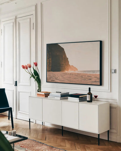 Hawaiian Glow by Max Blakesberg Studios. shown as a framed stretched canvas in a living room above a console. Available as a archival giclee rolled canvas, fine art paper, or poster print. SKU 91006i.