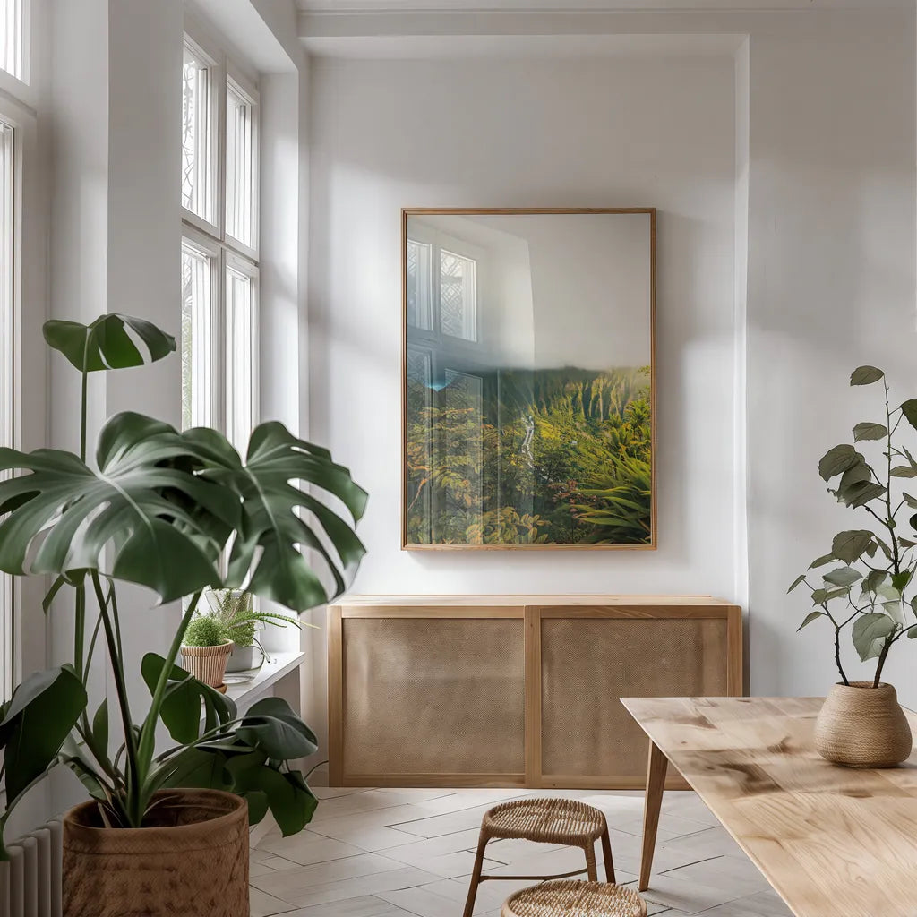 Hawaiian Tropics by Max Blakesberg Studios. shown as a print in a natural wood frame in a dining room. Available as a archival giclee rolled canvas, fine art paper, or poster print. SKU 91847h.
