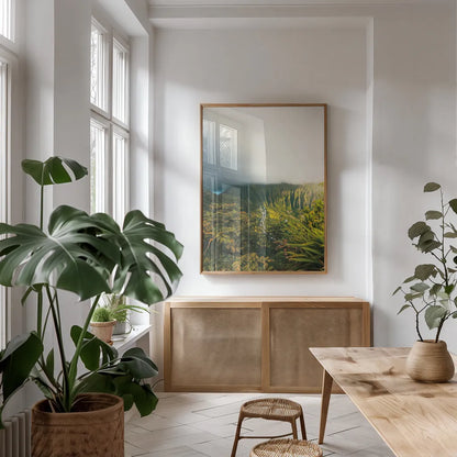 Hawaiian Tropics by Max Blakesberg Studios. shown as a print in a natural wood frame in a dining room. Available as a archival giclee rolled canvas, fine art paper, or poster print. SKU 91847h.