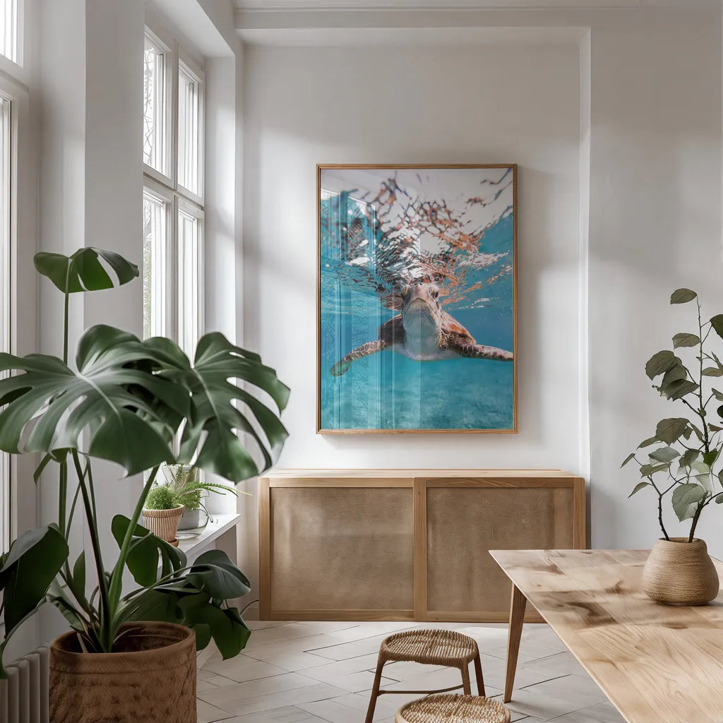 Hello Sea Turtle by Max Blakesberg Studios. shown as a print in a natural wood frame in a dining room. Available as a archival giclee rolled canvas, fine art paper, or poster print. SKU 90847h.