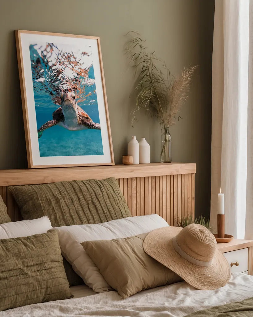 Hello Sea Turtle by Max Blakesberg Studios. shown as a paper print in a natural frame. Available as a archival giclee rolled canvas, fine art paper, or poster print. SKU 90847h.