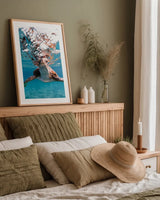 Hello Sea Turtle by Max Blakesberg Studios. shown as a paper print in a natural frame. Available as a archival giclee rolled canvas, fine art paper, or poster print. SKU 90847h.