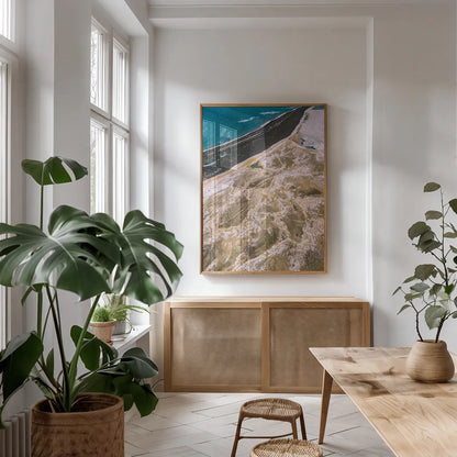 Iceland From Above I by Max Blakesberg Studios. shown as a print in a natural wood frame in a dining room. Available as a archival giclee rolled canvas, fine art paper, or poster print. SKU 90838h.
