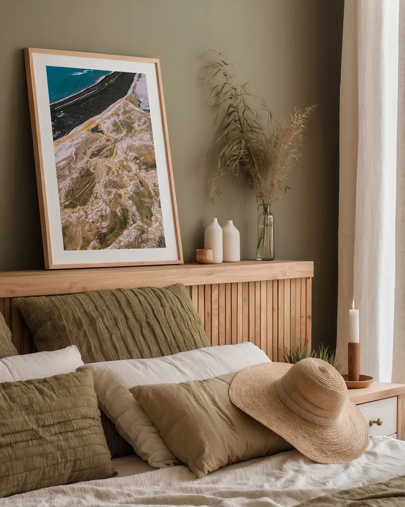 Iceland From Above I by Max Blakesberg Studios. shown as a paper print in a natural frame. Available as a archival giclee rolled canvas, fine art paper, or poster print. SKU 90838h.