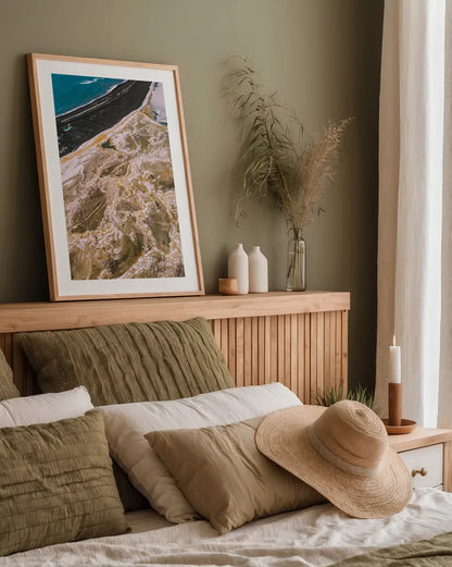 Iceland From Above I by Max Blakesberg Studios. shown as a paper print in a natural frame. Available as a archival giclee rolled canvas, fine art paper, or poster print. SKU 90838h.