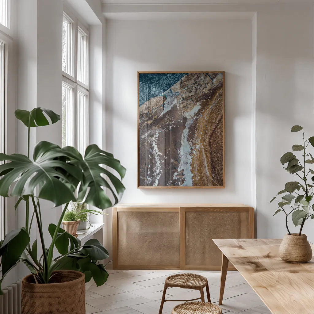 Iceland From Above II by Max Blakesberg Studios. shown as a print in a natural wood frame in a dining room. Available as a archival giclee rolled canvas, fine art paper, or poster print. SKU 90839h.