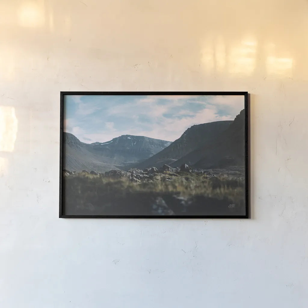 Iceland Hike by Max Blakesberg Studios. shown as a paper print in a black flame. Available as a archival giclee rolled canvas, fine art paper, or poster print. SKU 90837i.