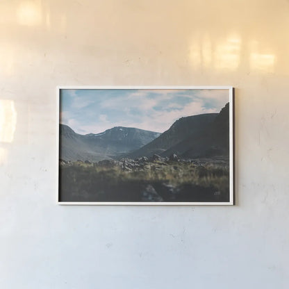 Iceland Hike by Max Blakesberg Studios. shown as a paper print in a white frame. Available as a archival giclee rolled canvas, fine art paper, or poster print. SKU 90837i.
