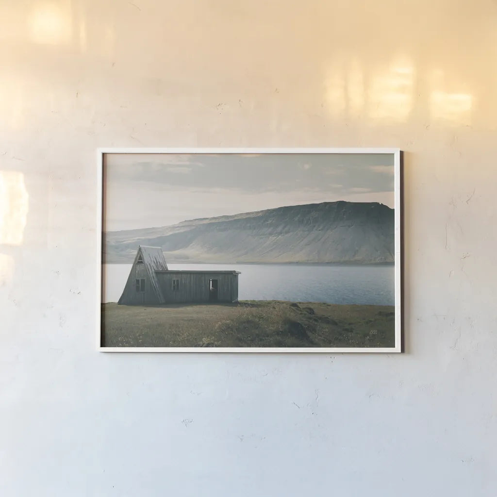 Iceland Shore I by Max Blakesberg Studios. shown as a paper print in a white frame. Available as a archival giclee rolled canvas, fine art paper, or poster print. SKU 91390i.