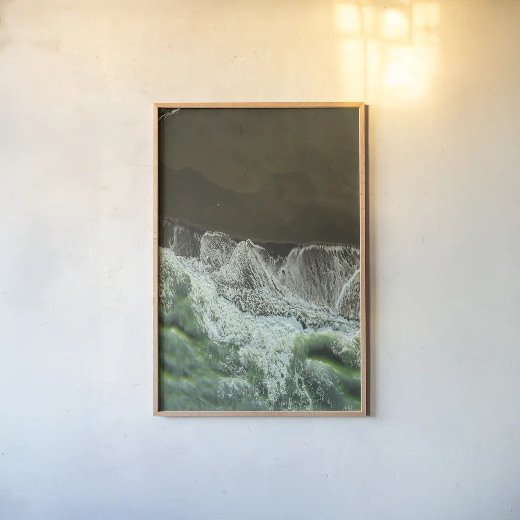 Iceland Shores by Max Blakesberg Studios. shown as a paper print in a natural frame. Available as a archival giclee rolled canvas, fine art paper, or poster print. SKU 92812h.