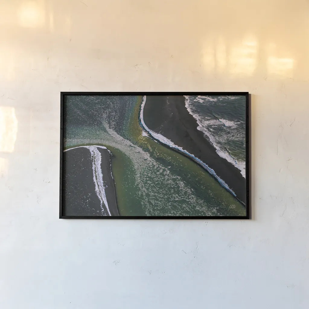 Iceland Shores I by Max Blakesberg Studios. shown as a paper print in a black flame. Available as a archival giclee rolled canvas, fine art paper, or poster print. SKU 90840i.