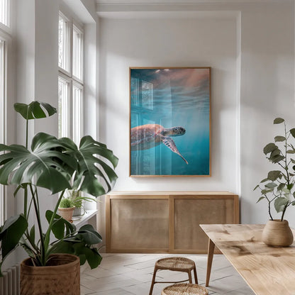 Just Keep Swimming by Max Blakesberg Studios. shown as a print in a natural wood frame in a dining room. Available as a archival giclee rolled canvas, fine art paper, or poster print. SKU 92683h.
