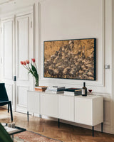 Kenyan Herd I by Max Blakesberg Studios. shown as a framed stretched canvas in a living room above a console. Available as a archival giclee rolled canvas, fine art paper, or poster print. SKU 92809i.