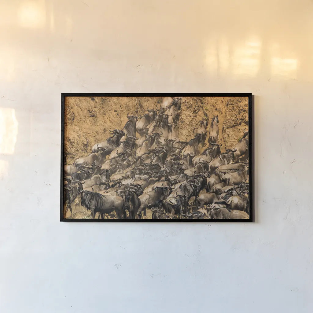 Kenyan Herd I by Max Blakesberg Studios. shown as a paper print in a black flame. Available as a archival giclee rolled canvas, fine art paper, or poster print. SKU 92809i.