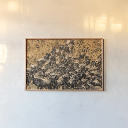 Kenyan Herd I by Max Blakesberg Studios. shown as a paper print in a natural frame. Available as a archival giclee rolled canvas, fine art paper, or poster print. SKU 92809i.