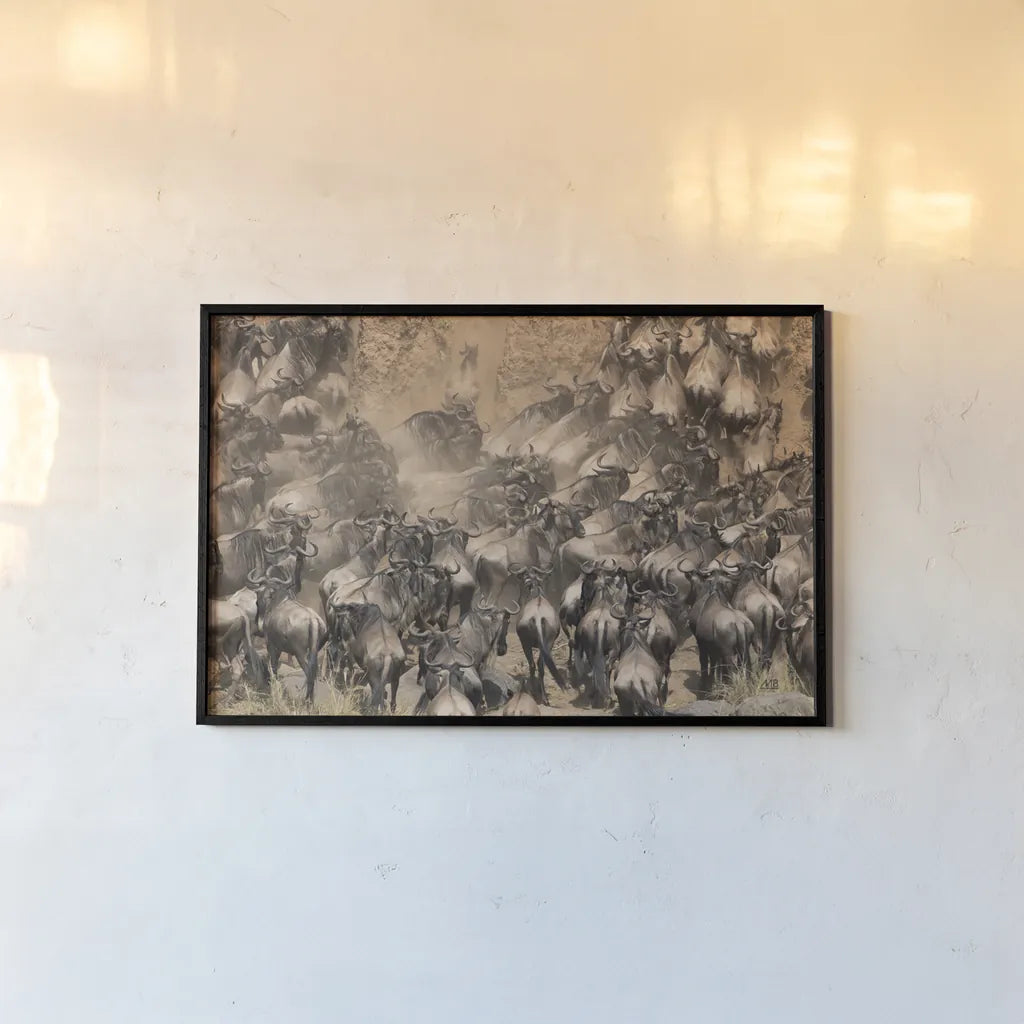 Kenyan Herd II by Max Blakesberg Studios. shown as a paper print in a black flame. Available as a archival giclee rolled canvas, fine art paper, or poster print. SKU 92810i.