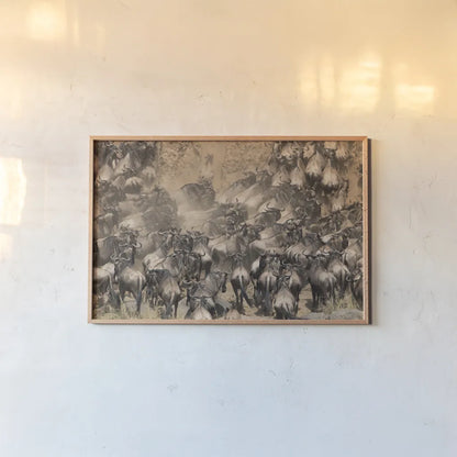 Kenyan Herd II by Max Blakesberg Studios. shown as a paper print in a natural frame. Available as a archival giclee rolled canvas, fine art paper, or poster print. SKU 92810i.