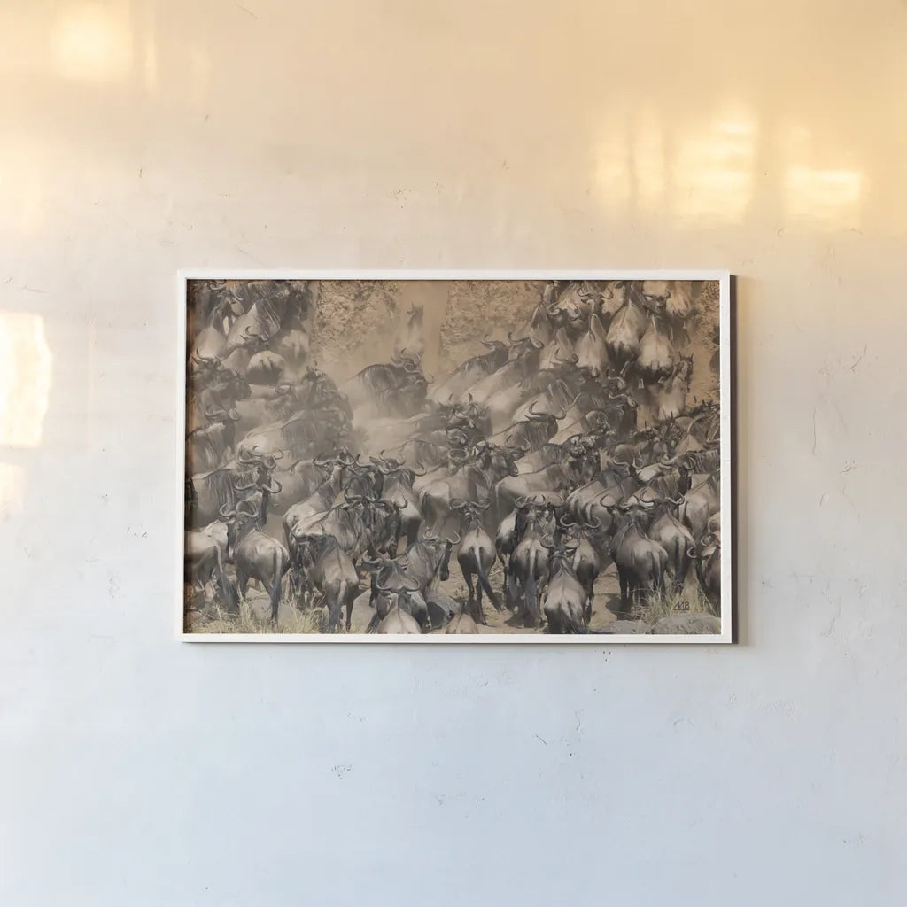 Kenyan Herd II by Max Blakesberg Studios. shown as a paper print in a white frame. Available as a archival giclee rolled canvas, fine art paper, or poster print. SKU 92810i.