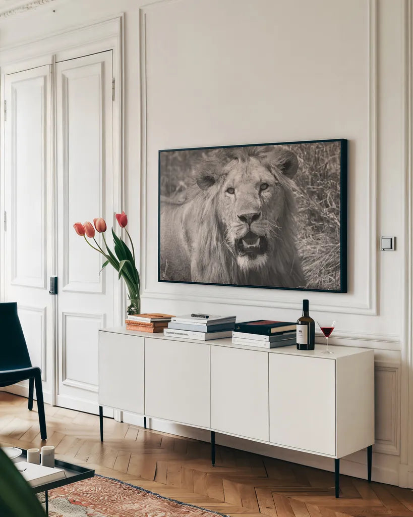 Lion BW by Max Blakesberg Studios. shown as a framed stretched canvas in a living room above a console. Available as a archival giclee rolled canvas, fine art paper, or poster print. SKU 90834i.