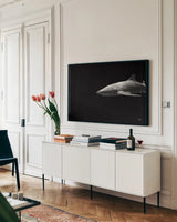 On the Hunt by Max Blakesberg Studios. shown as a framed stretched canvas in a living room above a console. Available as a archival giclee rolled canvas, fine art paper, or poster print. SKU 90848i.