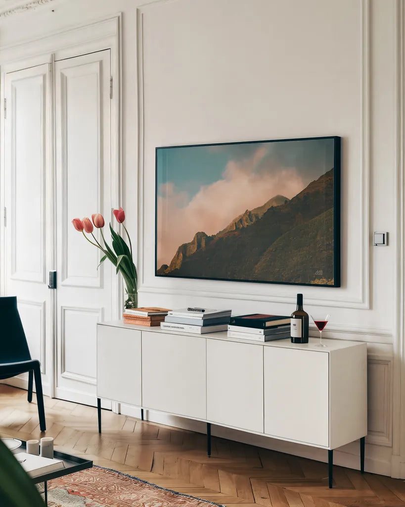 Rainbow over Hawaii by Max Blakesberg Studios. shown as a framed stretched canvas in a living room above a console. Available as a archival giclee rolled canvas, fine art paper, or poster print. SKU 93618i.