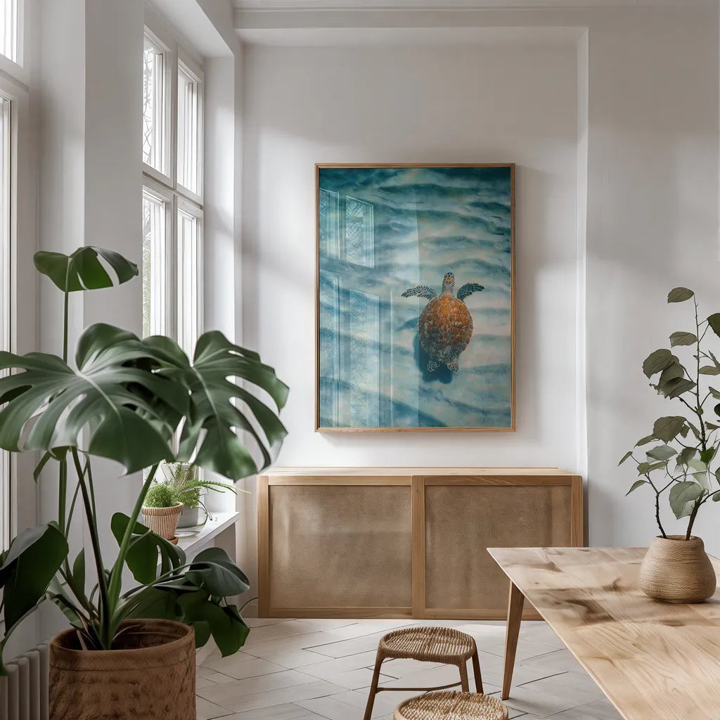 Sandbar Sea Turtle I by Max Blakesberg Studios. shown as a print in a natural wood frame in a dining room. Available as a archival giclee rolled canvas, fine art paper, or poster print. SKU 91388h.