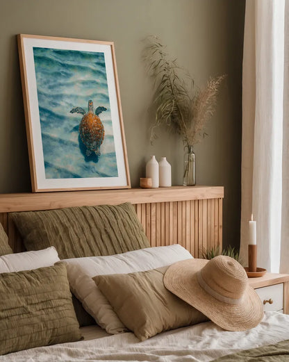 Sandbar Sea Turtle I by Max Blakesberg Studios. shown as a paper print in a natural frame. Available as a archival giclee rolled canvas, fine art paper, or poster print. SKU 91388h.