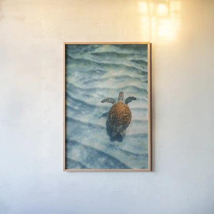 Sandbar Sea Turtle I by Max Blakesberg Studios. shown as a paper print in a natural frame. Available as a archival giclee rolled canvas, fine art paper, or poster print. SKU 91388h.