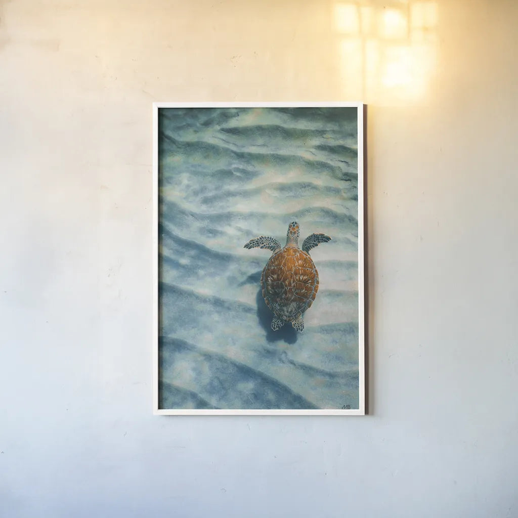 Sandbar Sea Turtle I by Max Blakesberg Studios. shown as a paper print in a white frame. Available as a archival giclee rolled canvas, fine art paper, or poster print. SKU 91388h.