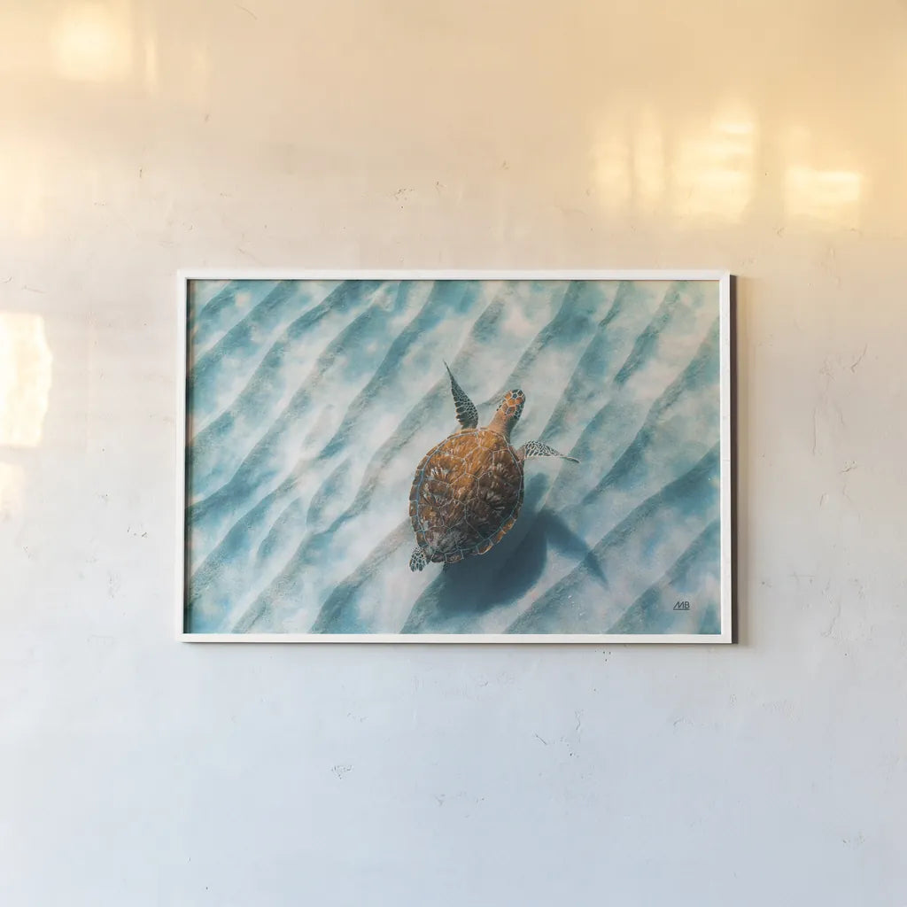 Sandbar Sea Turtle II by Max Blakesberg Studios. shown as a paper print in a white frame. Available as a archival giclee rolled canvas, fine art paper, or poster print. SKU 91389i.
