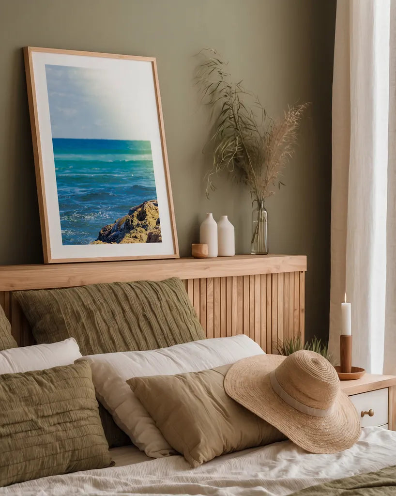 Serene Sea by Max Blakesberg Studios. shown as a paper print in a natural frame. Available as a archival giclee rolled canvas, fine art paper, or poster print. SKU 93622h.