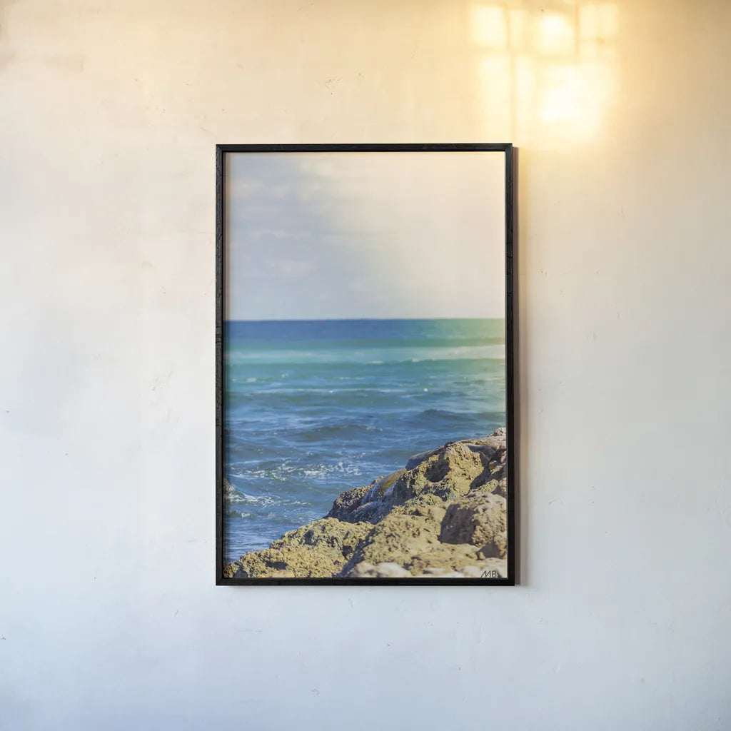 Serene Sea by Max Blakesberg Studios. shown as a paper print in a black flame. Available as a archival giclee rolled canvas, fine art paper, or poster print. SKU 93622h.