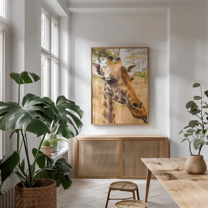 Silly Giraffe I by Max Blakesberg Studios. shown as a print in a natural wood frame in a dining room. Available as a archival giclee rolled canvas, fine art paper, or poster print. SKU 94177h.