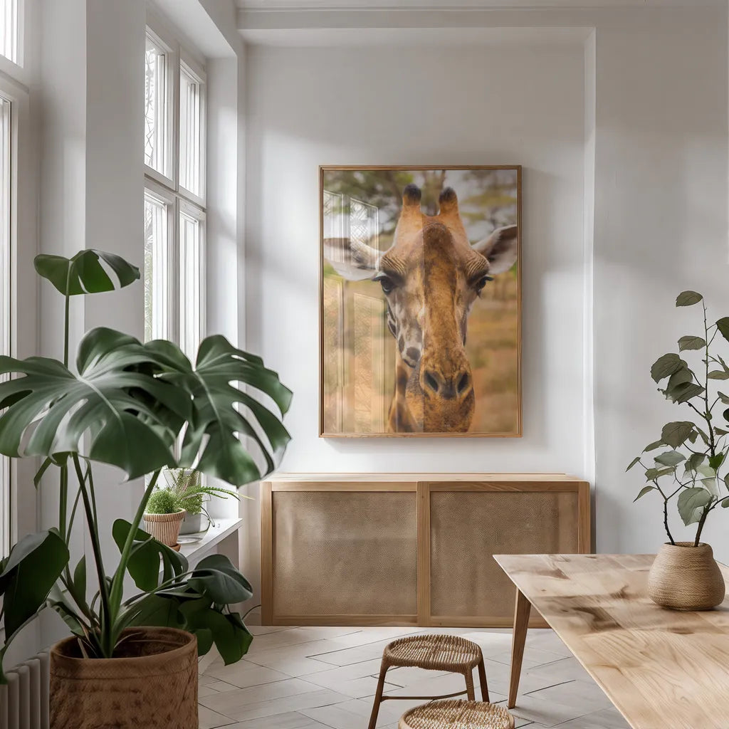 Silly Giraffe II by Max Blakesberg Studios. shown as a print in a natural wood frame in a dining room. Available as a archival giclee rolled canvas, fine art paper, or poster print. SKU 94178h.