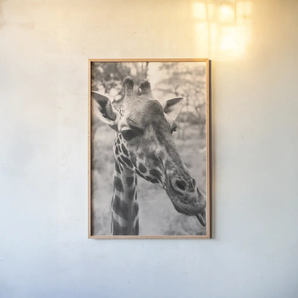 Silly Giraffe Neutral II by Max Blakesberg Studios. shown as a paper print in a natural frame. Available as a archival giclee rolled canvas, fine art paper, or poster print. SKU 94180h.