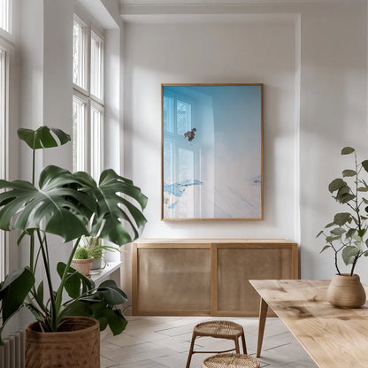 Snow Day I by Max Blakesberg Studios. shown as a print in a natural wood frame in a dining room. Available as a archival giclee rolled canvas, fine art paper, or poster print. SKU 91872h.