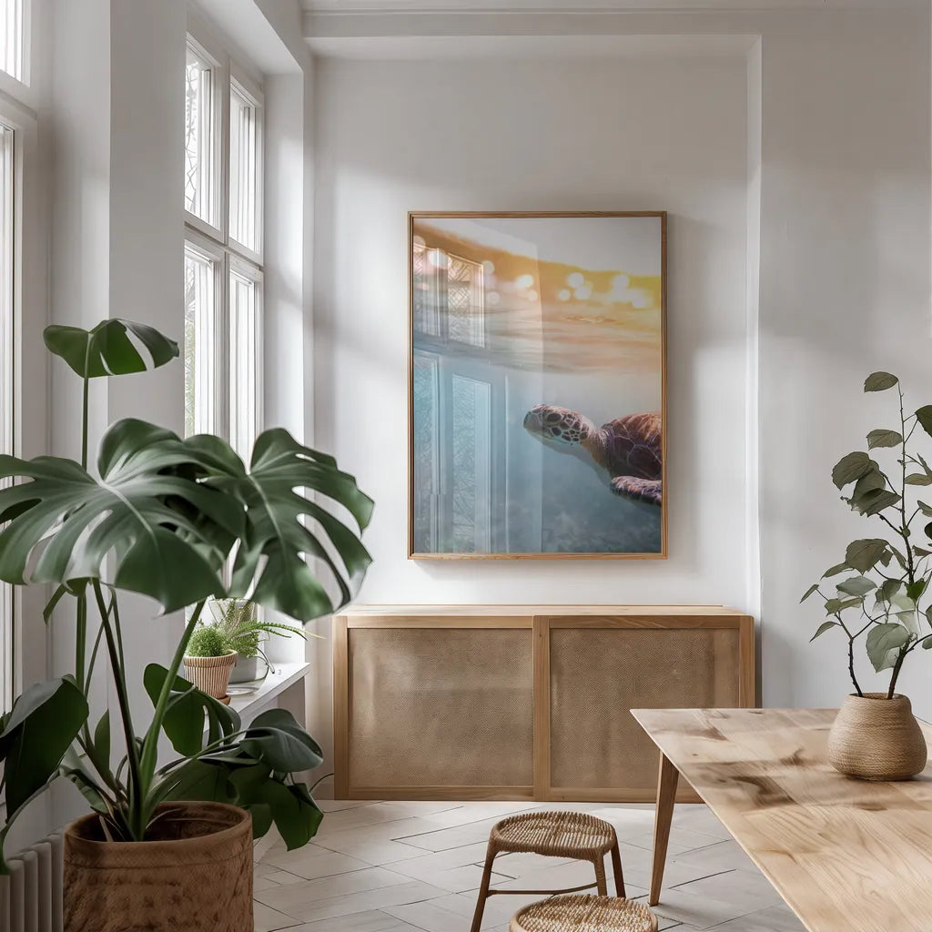 Sunny Swim by Max Blakesberg Studios. shown as a print in a natural wood frame in a dining room. Available as a archival giclee rolled canvas, fine art paper, or poster print. SKU 92684h.