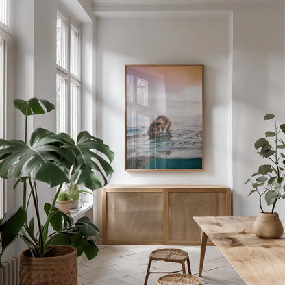 Sunrise Swim by Max Blakesberg Studios. shown as a print in a natural wood frame in a dining room. Available as a archival giclee rolled canvas, fine art paper, or poster print. SKU 91647h.