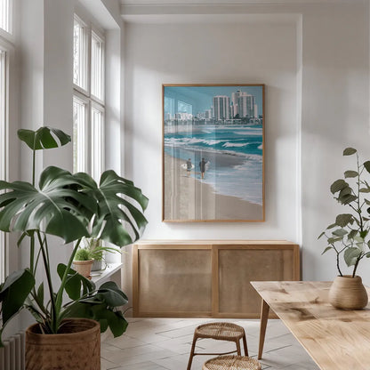 Surf Day by Max Blakesberg Studios. shown as a print in a natural wood frame in a dining room. Available as a archival giclee rolled canvas, fine art paper, or poster print. SKU 91871h.