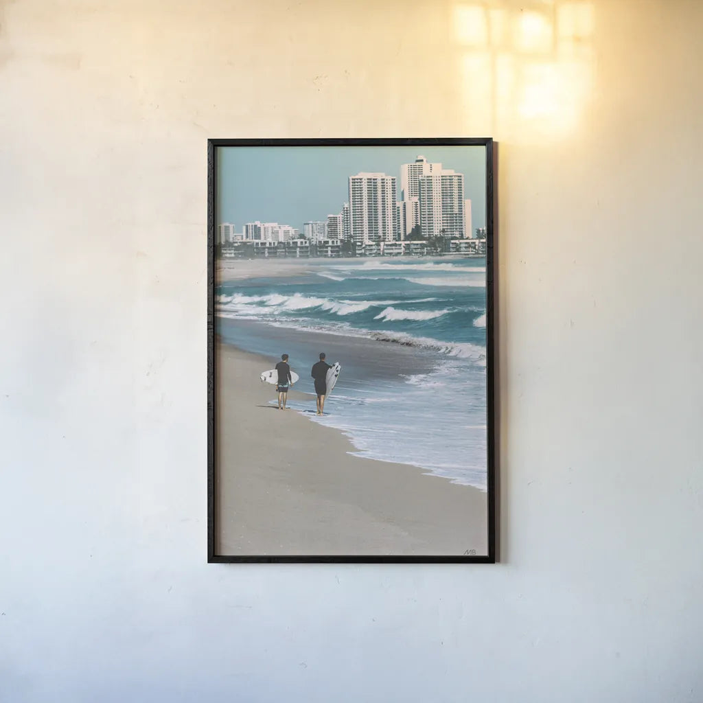 Surf Day by Max Blakesberg Studios. shown as a paper print in a black flame. Available as a archival giclee rolled canvas, fine art paper, or poster print. SKU 91871h.