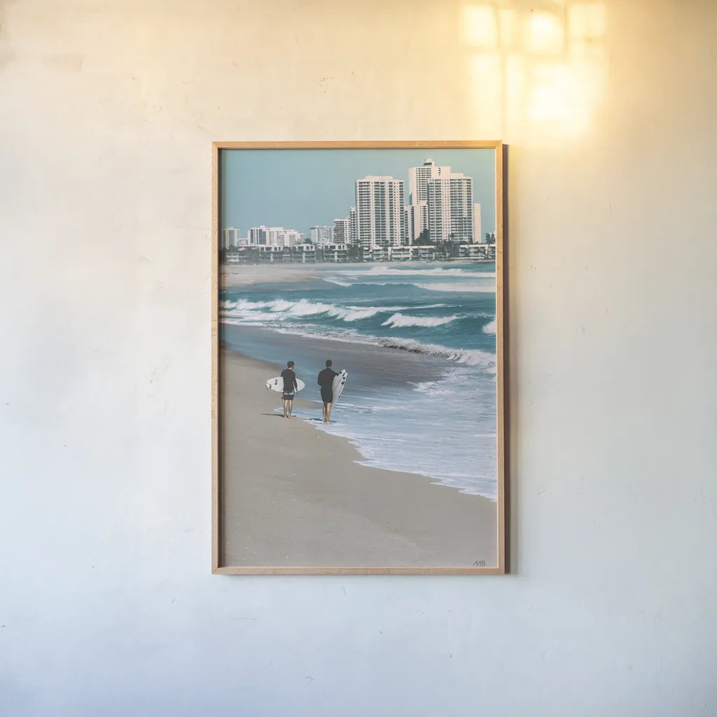 Surf Day by Max Blakesberg Studios. shown as a paper print in a natural frame. Available as a archival giclee rolled canvas, fine art paper, or poster print. SKU 91871h.