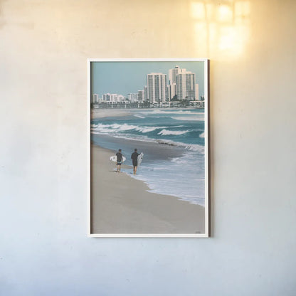 Surf Day by Max Blakesberg Studios. shown as a paper print in a white frame. Available as a archival giclee rolled canvas, fine art paper, or poster print. SKU 91871h.