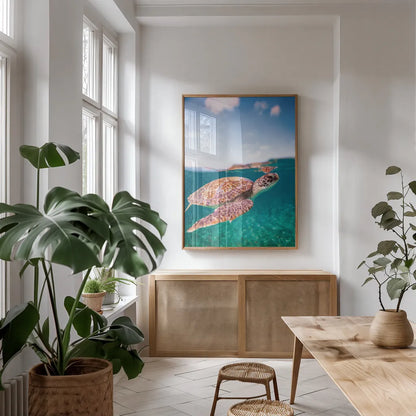 Surfacing by Max Blakesberg Studios. shown as a print in a natural wood frame in a dining room. Available as a archival giclee rolled canvas, fine art paper, or poster print. SKU 92685h.