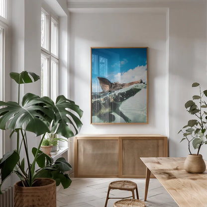 Swimming Pig by Max Blakesberg Studios. shown as a print in a natural wood frame in a dining room. Available as a archival giclee rolled canvas, fine art paper, or poster print. SKU 92807h.